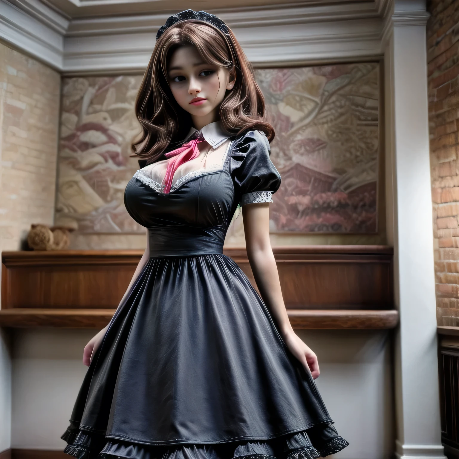 milf wearing Maid Outfit, standing, brown hair