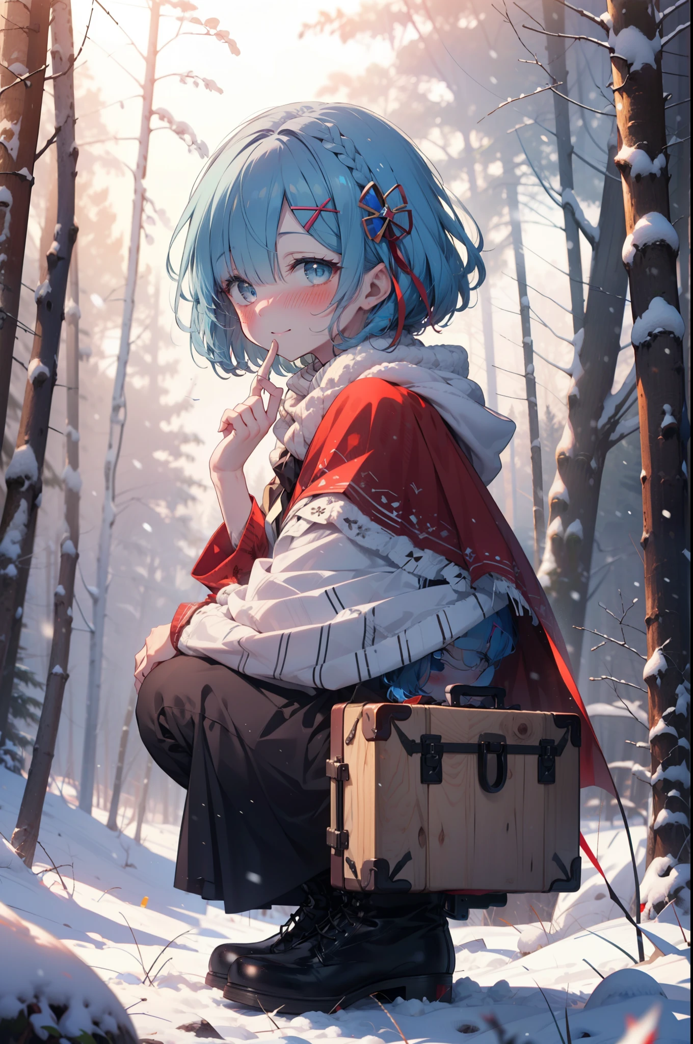 rezeroRem, Rem, blue eyes, Blue Hair, hair ornaments, Hair in one eye, Hair Ribbon, short hair, x hair ornaments,smile,blush,White Breath,
Open your mouth,snow,Ground bonfire, Outdoor, boots, snowing, From the side, wood, suitcase, Cape, Blurred, forest, White handbag, nature,  Squat, Mouth closed, Cape, winter, Written boundary depth, Black shoes, red Cape break looking at viewer, Upper Body, whole body, break Outdoor, forest, nature, break (masterpiece:1.2), highest quality, High resolution, unity 8k wallpaper, (shape:0.8), (Beautiful and beautiful eyes:1.6), Highly detailed face, Perfect lighting, Extremely detailed CG, (Perfect hands, Perfect Anatomy),