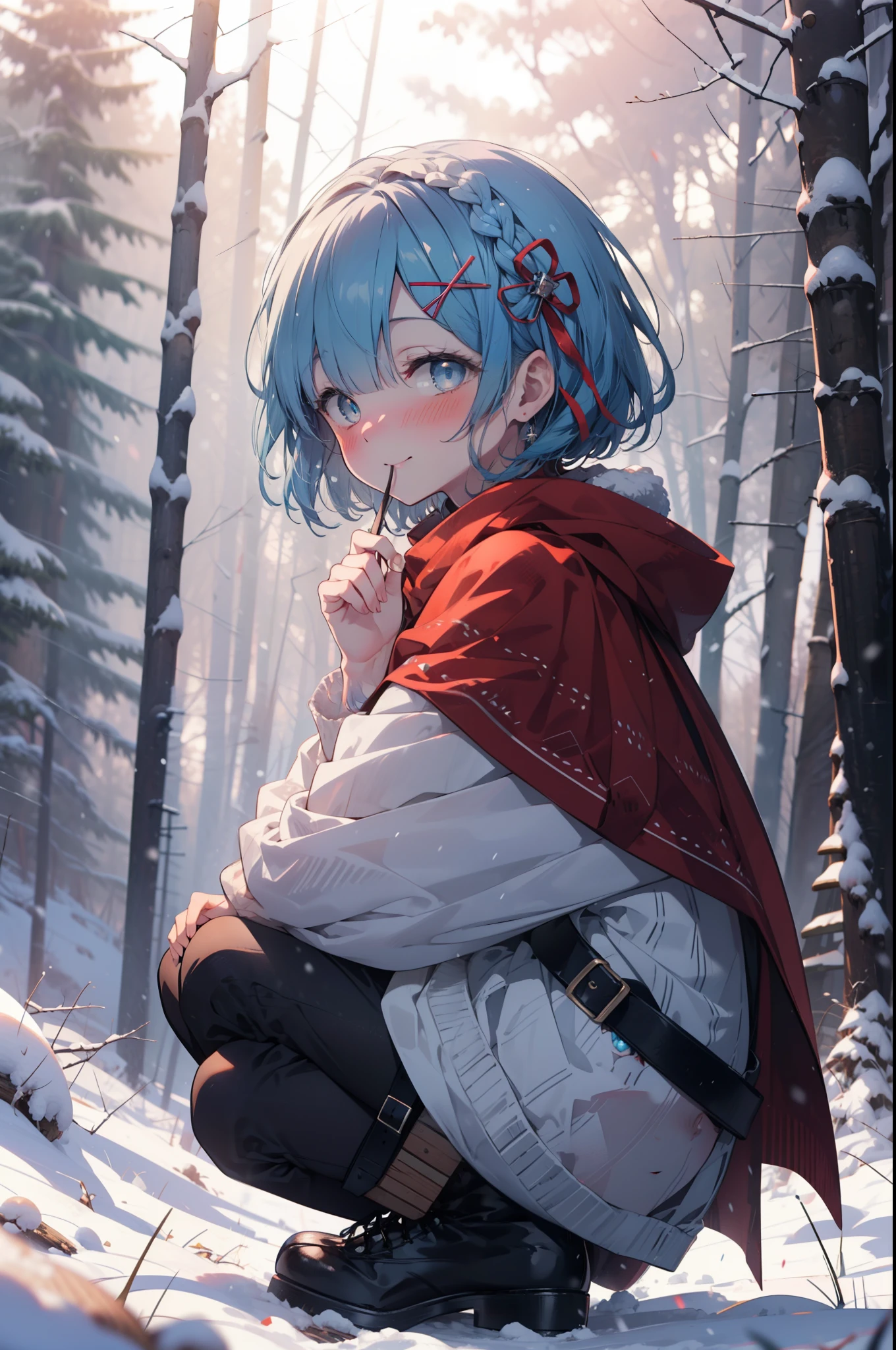 rezeroRem, Rem, blue eyes, Blue Hair, hair ornaments, Hair in one eye, Hair Ribbon, short hair, x hair ornaments,smile,blush,White Breath,
Open your mouth,snow,Ground bonfire, Outdoor, boots, snowing, From the side, wood, suitcase, Cape, Blurred, forest, White handbag, nature,  Squat, Mouth closed, Cape, winter, Written boundary depth, Black shoes, red Cape break looking at viewer, Upper Body, whole body, break Outdoor, forest, nature, break (masterpiece:1.2), highest quality, High resolution, unity 8k wallpaper, (shape:0.8), (Beautiful and beautiful eyes:1.6), Highly detailed face, Perfect lighting, Extremely detailed CG, (Perfect hands, Perfect Anatomy),