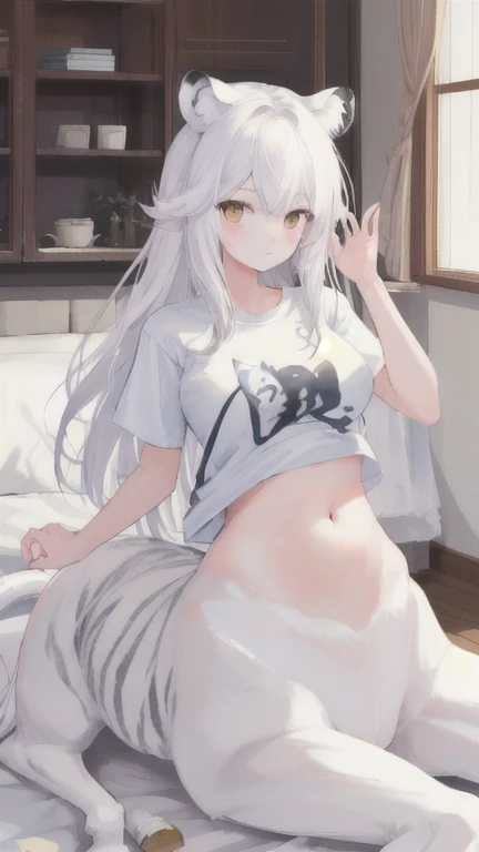 (best quality, masterpiece), 1 girl, centaur, It takes, dressed,belly button t-shirt, 아름다운 소녀 perfect white tiger photo, perfect white tiger photo