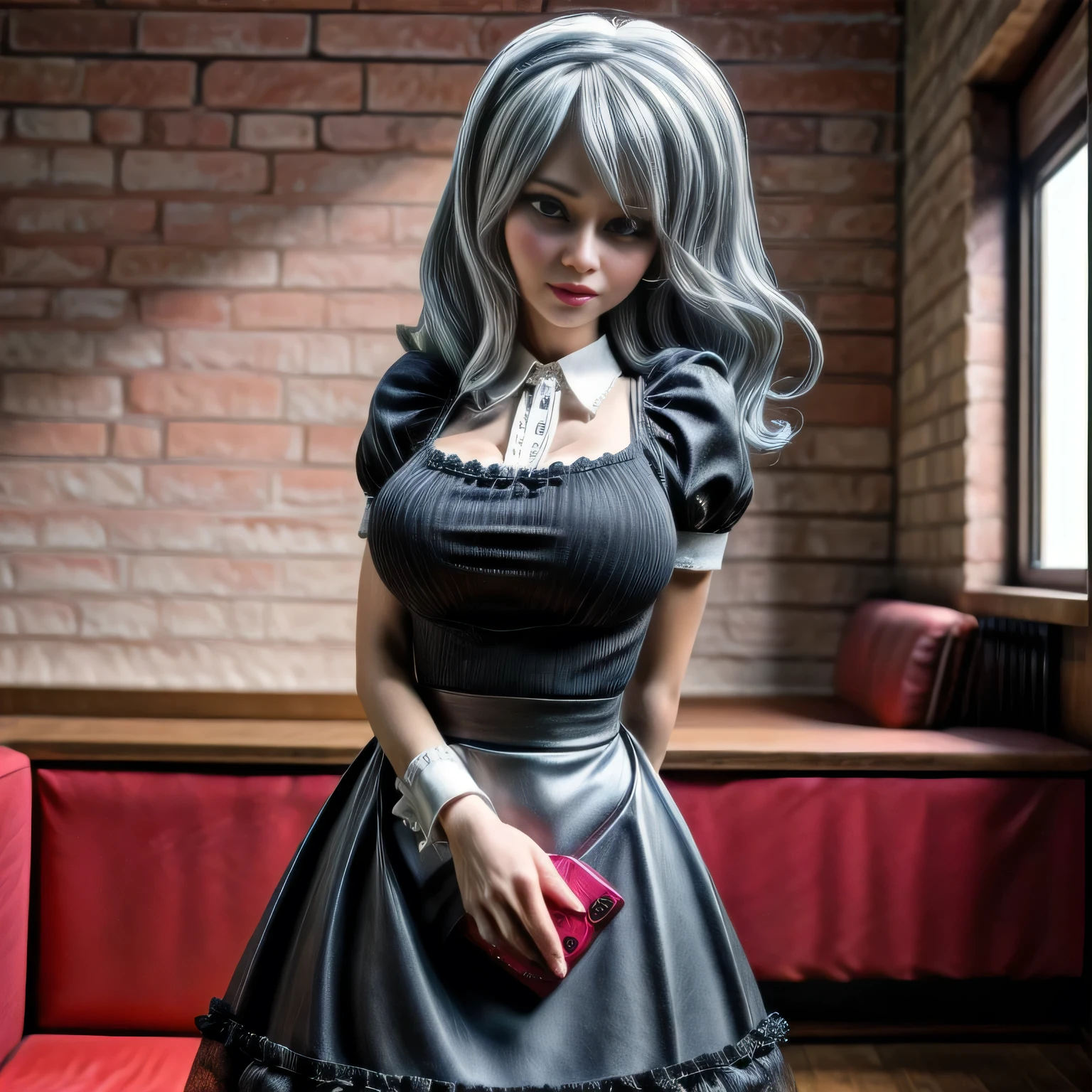 milf wearing Maid Outfit, standing, silver hair