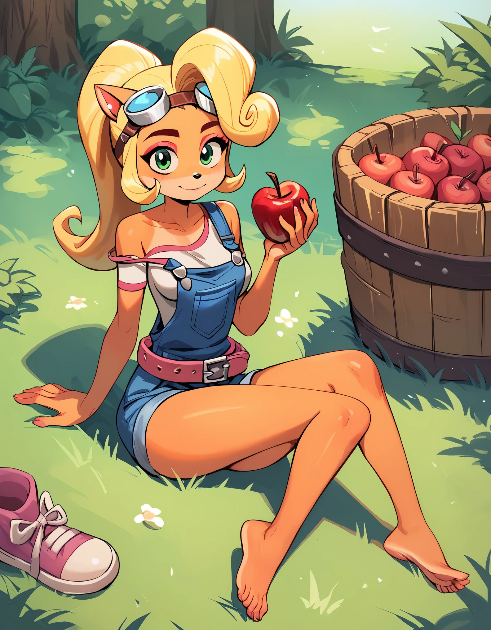 score_9, score_8_up, score_7_up, score_6_up, mngmst_style,
coco bandicoot, 1girl, belt, blonde hair, breasts, goggles on head, green eyes, overalls, ponytail, sitting, on ground, strap slip, looking at viewer, bare legs, presenting foot, outdoors, grass, holding red apple