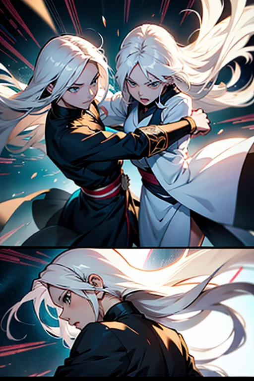 Anime girl with long white hair fighting, manga panels with dialogue