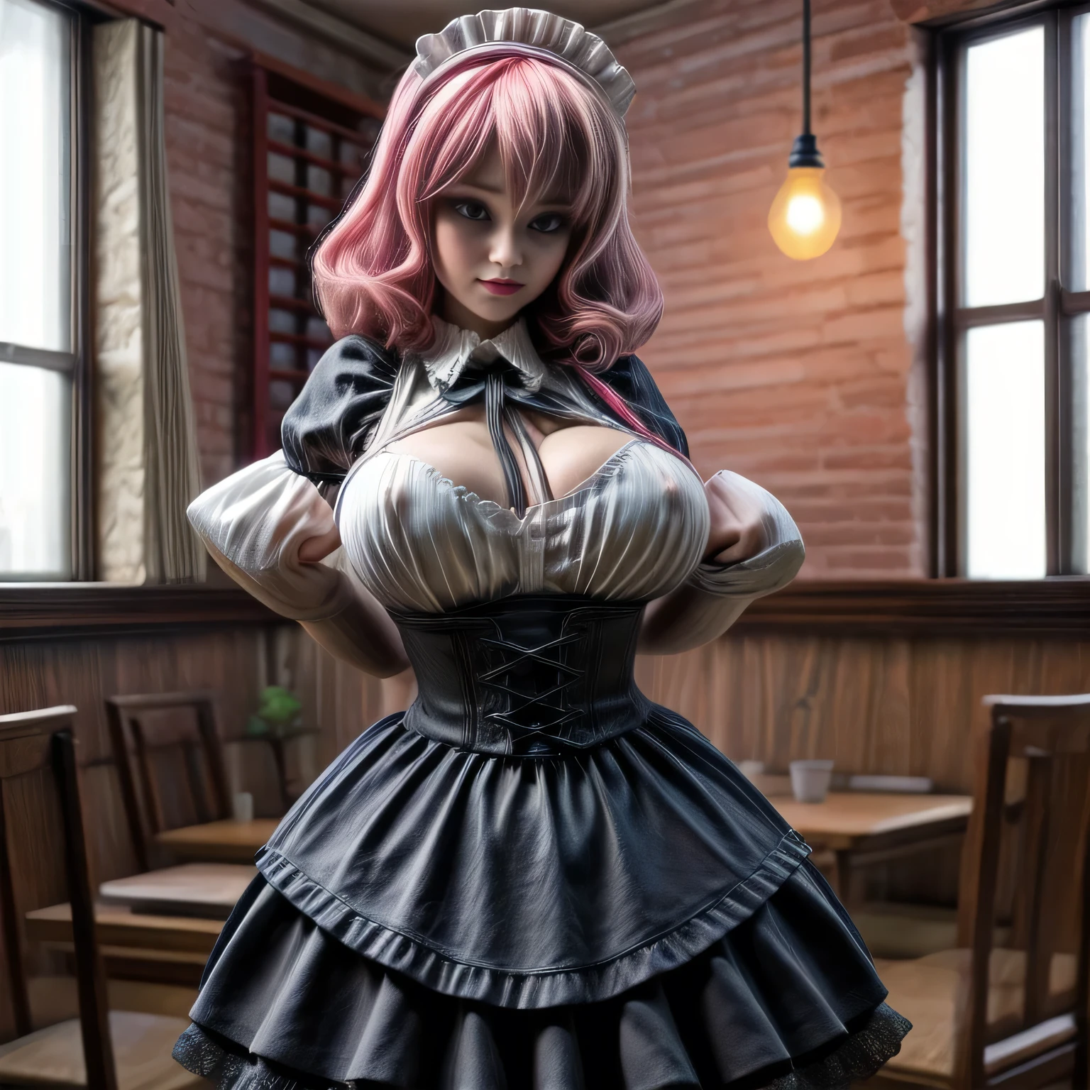 milf wearing Maid Outfit, standing, pink hair