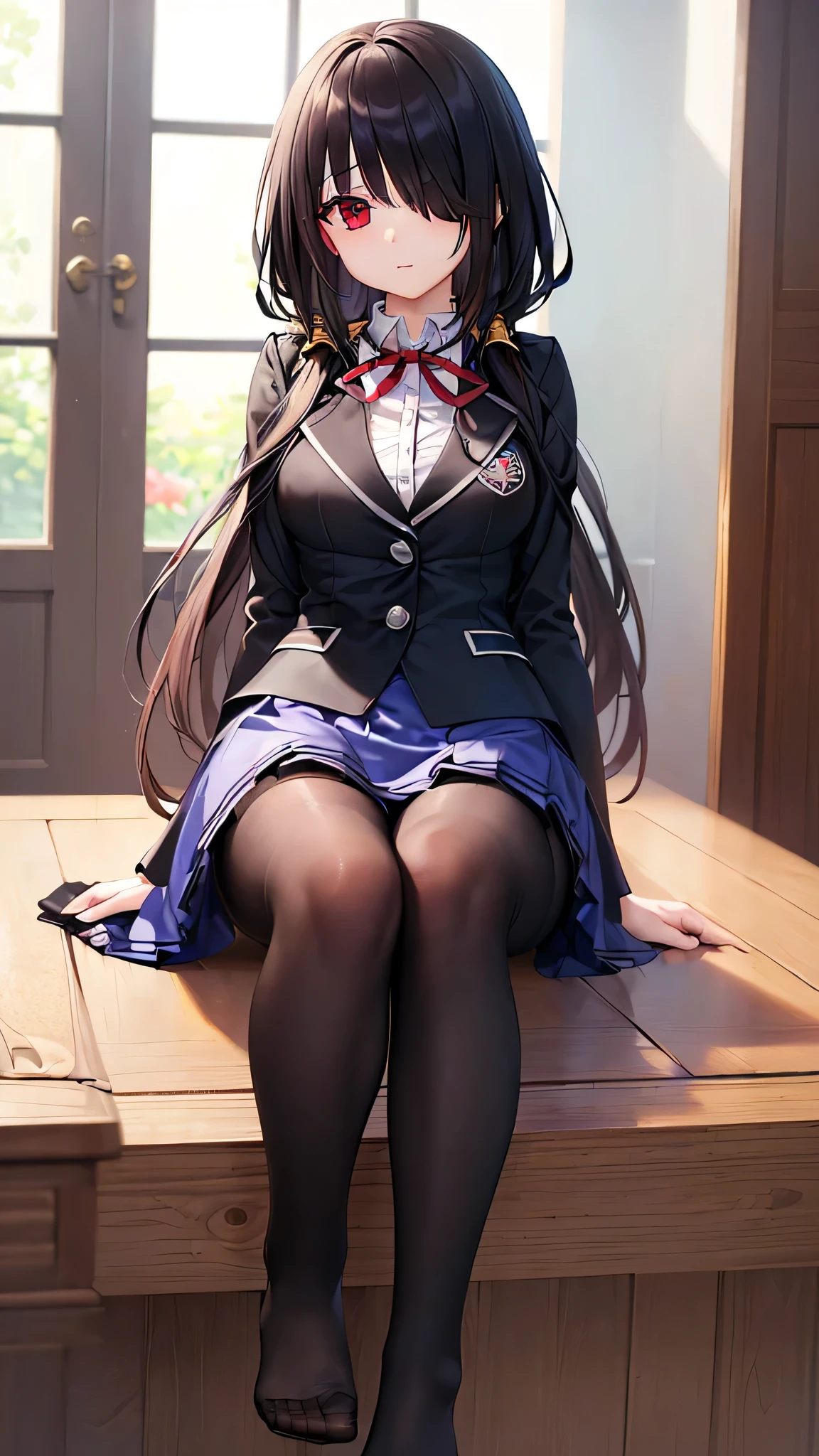 (((masterpiece))),(((best quality))),(((extremely detailed))),illustration,who, (masterpiece, top quality, best quality, official art, beautiful and aesthetic:1.2),(8k, best quality, masterpiece:1.2), KurumiSchool, low twintails, hair over one eye, , black jacket, blue skirt, neck ribbon, black pantyhose（Lift the soles of your feet）