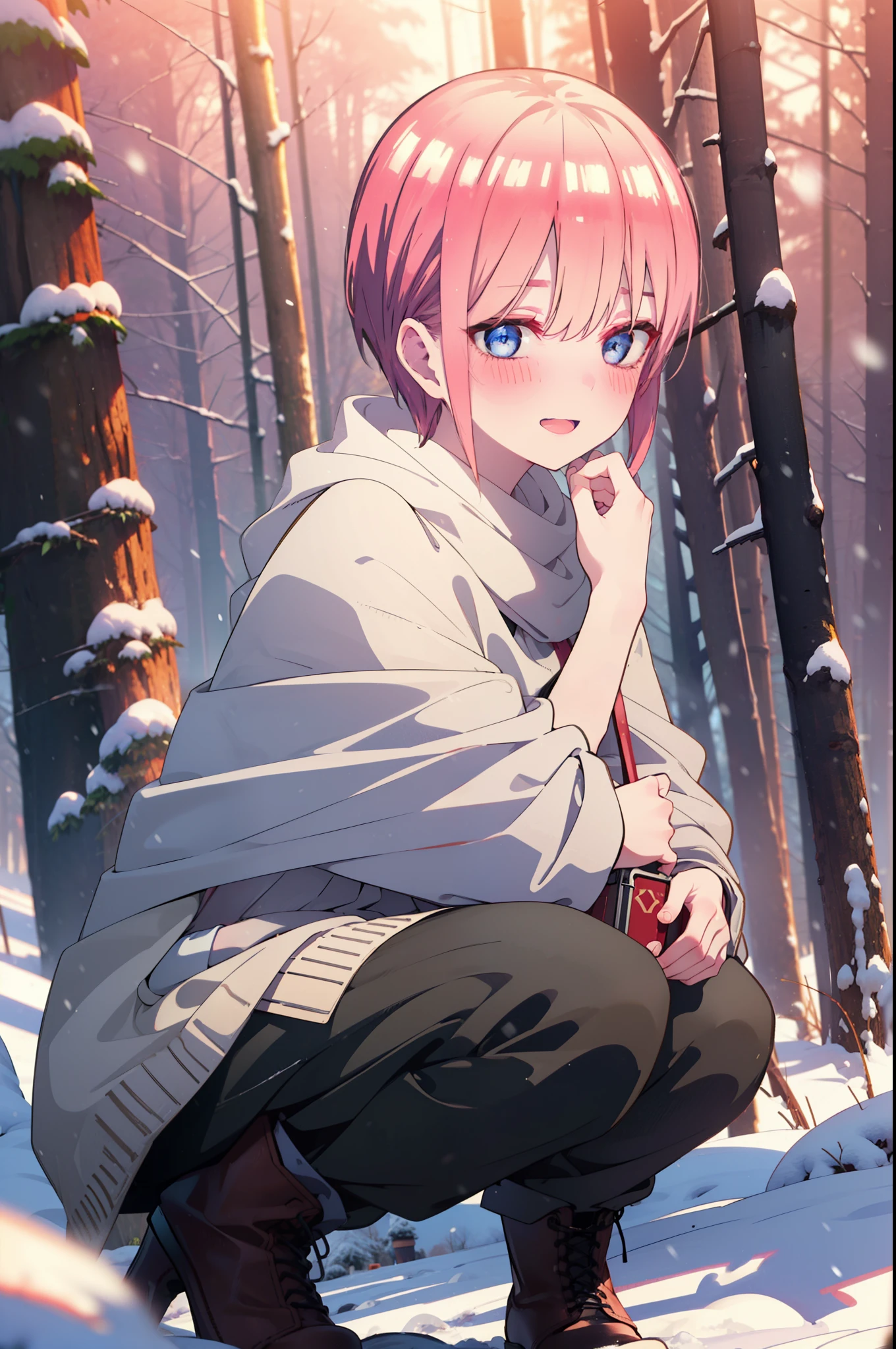 ichikanakano, ichika nakano, short hair, bangs, blue eyes, Hair between the eyes, smile,Pink Hair,smile,blush,White Breath,
Open your mouth,snow,Ground bonfire, Outdoor, boots, snowing, From the side, wood, suitcase, Cape, Blurred, Increase your meals, forest, White handbag, nature,  Squat, Mouth closed, フードed Cape, winter, Written boundary depth, Black shoes, red Cape break looking at viewer, Upper Body, whole body, break Outdoor, forest, nature, break (masterpiece:1.2), highest quality, High resolution, unity 8k wallpaper, (shape:0.8), (Beautiful and beautiful eyes:1.6), Highly detailed face, Perfect lighting, Highly detailed CG, (Perfect hands, Perfect Anatomy),