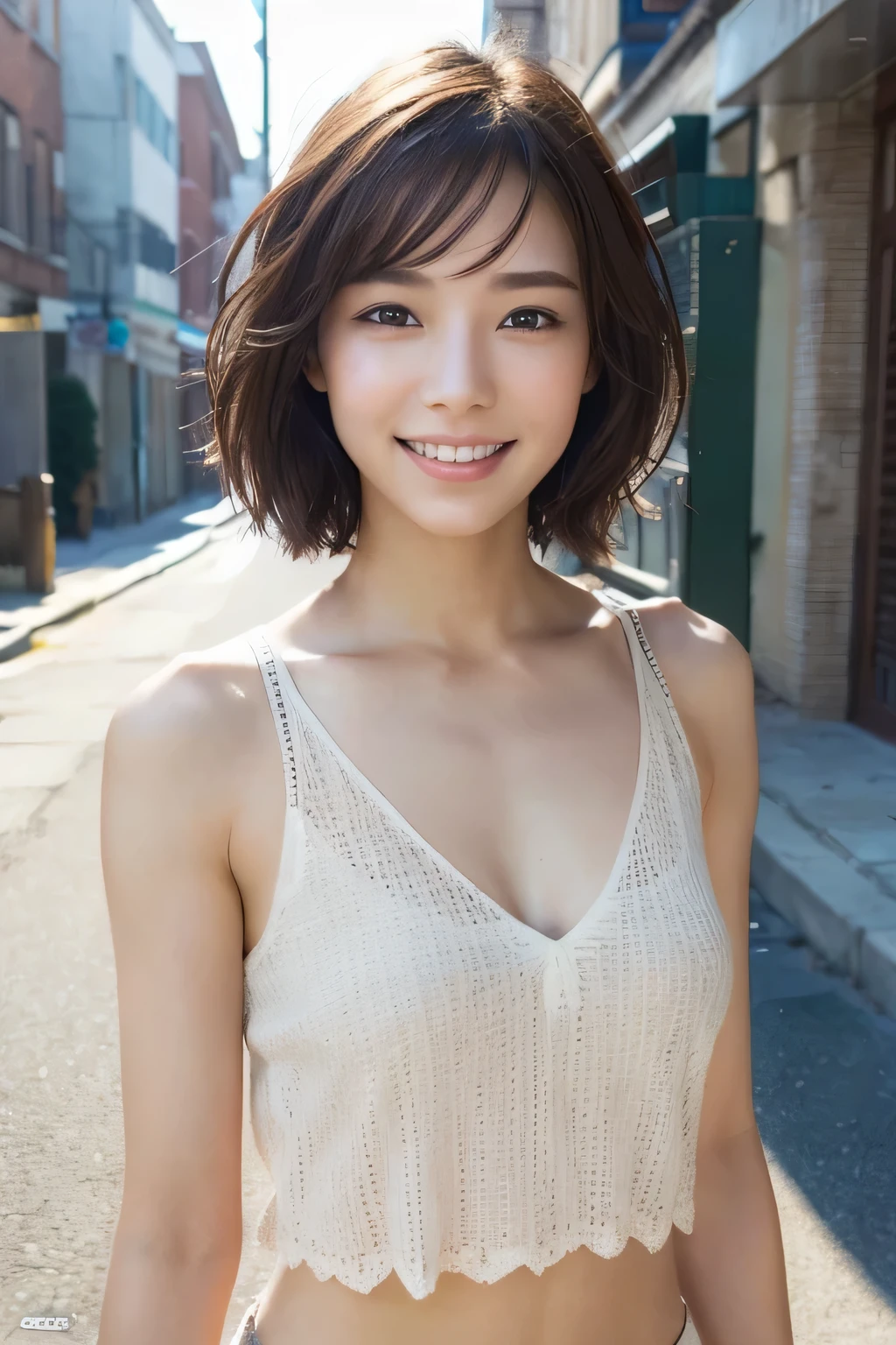 beautiful woman with perfect figure, very detailed face and skin texture, smile face, detailed eyes, short hair, little messy hair, , standing on the empty street, high resolution, photorealistic