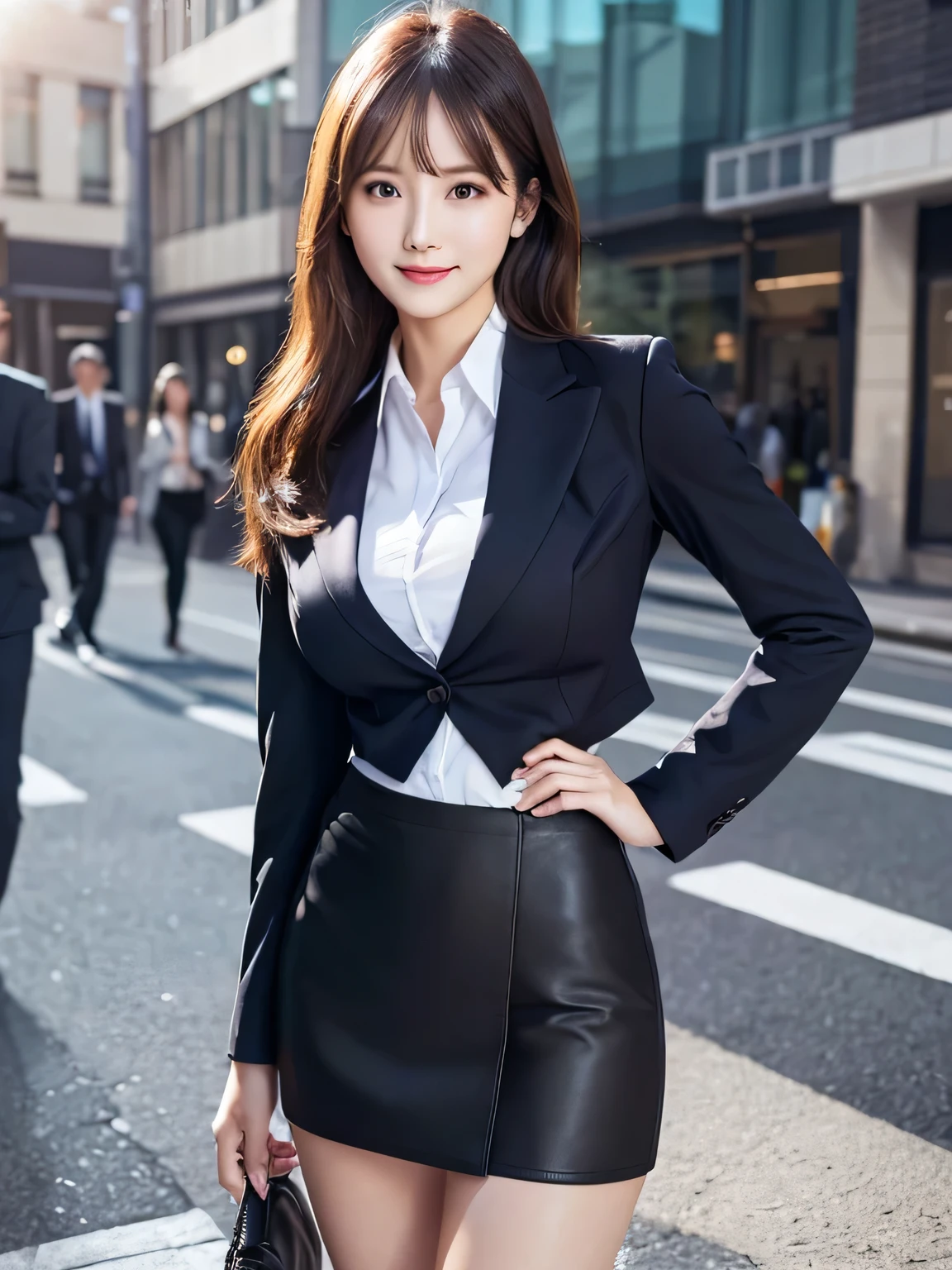 Woman in office casual wear、On the street、jacket suit、Tight Skirt、Spread your legs、Panty shot、whole body、highest quality、Ultra-detailed、超A high resolution、(Photorealistic:1.8)、Almost 1、Sexy face、Looking at the audience、Laughter、Natural soft light、Huge boobs