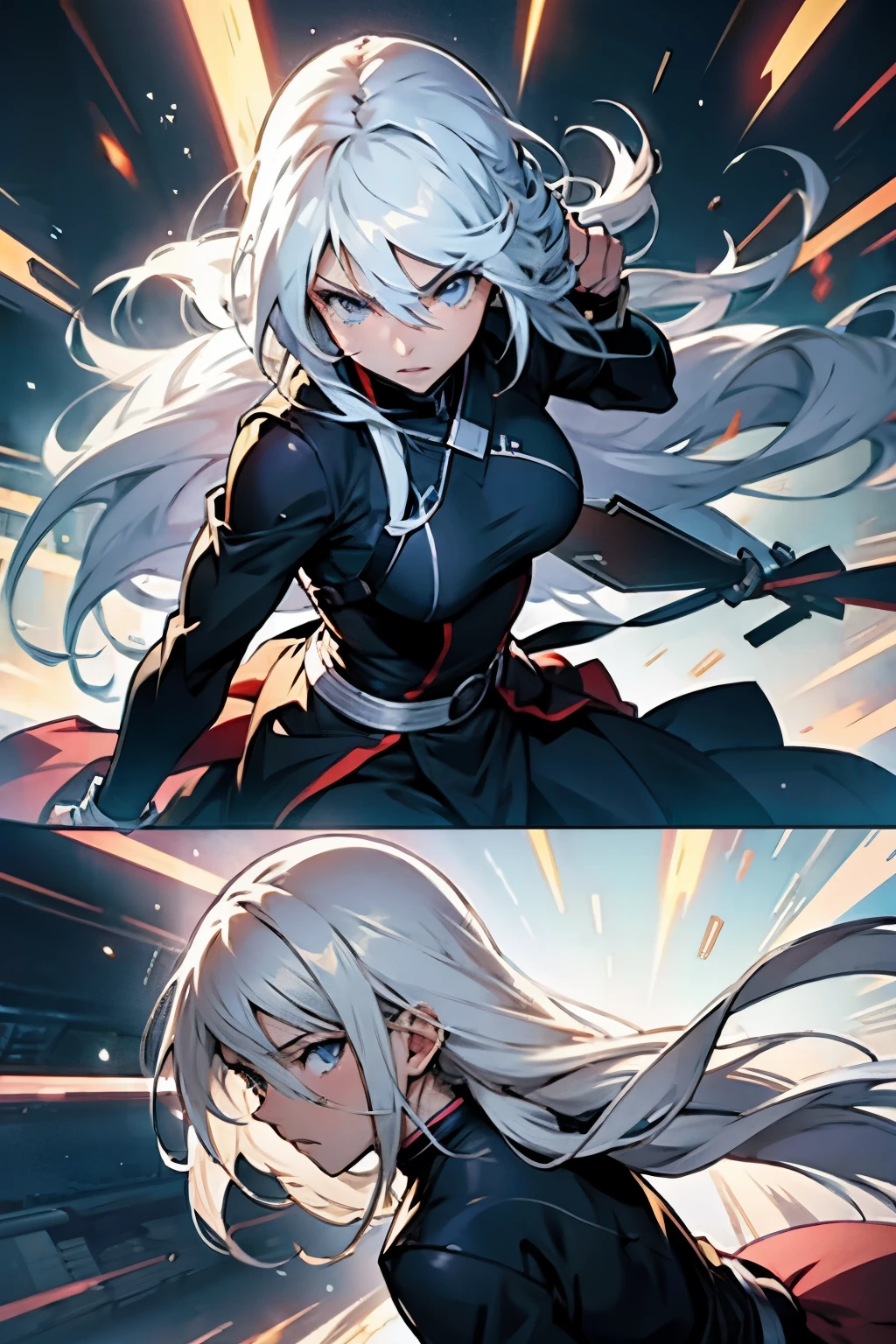 Anime girl with long white hair fighting, manga panels with dialogue