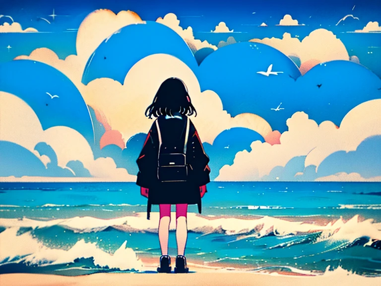 Girl Looking At The Sea。Back view