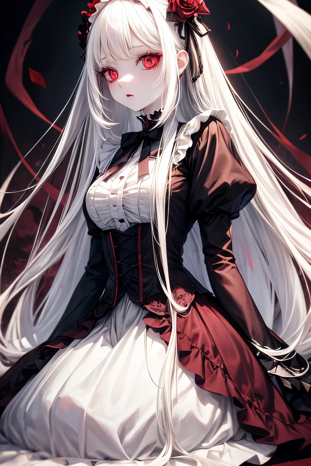 Long white hair, red eyes, pale skin, lolita, dress, horror background