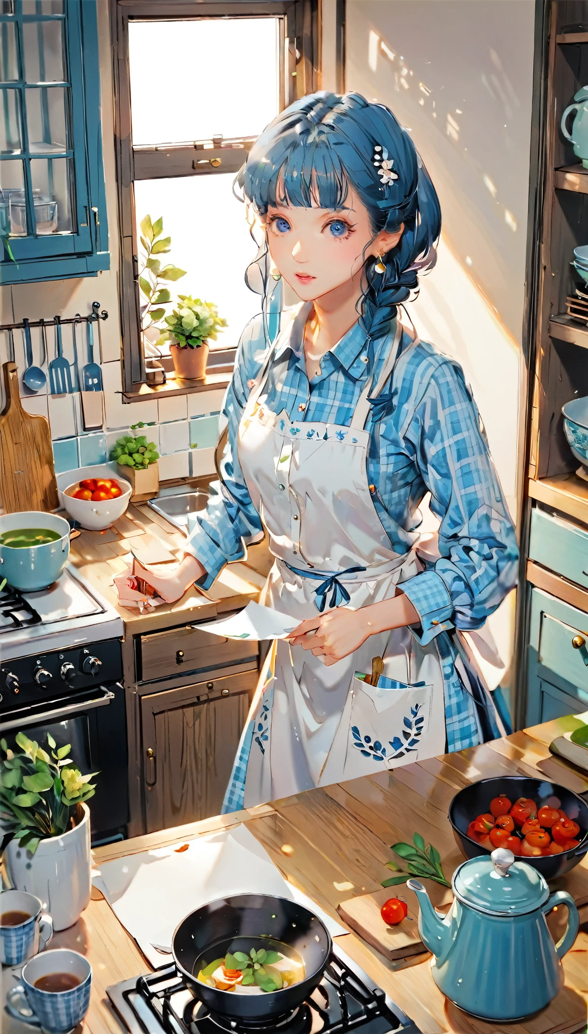 (((paper cutting style))), 1 girl, blue long medium hair, long braid, blue check shirts, apron, kitchen , portfolio from above