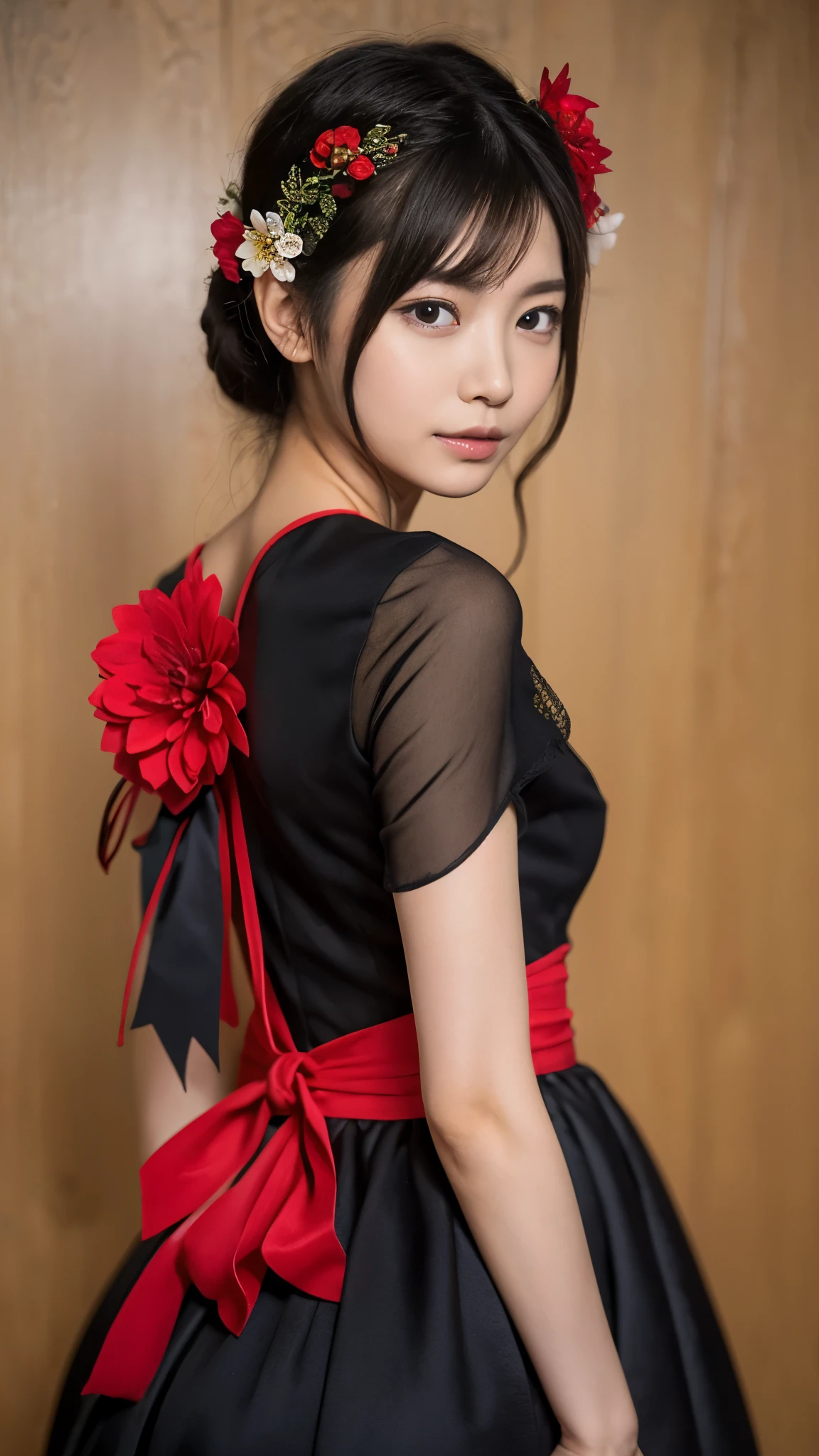Anime girl in a red and black dress with a red flower in her hair, artwork in the style of Gweitz, Gweitz, Chinese Girl, Trending on cgstation, Cute anime waifu in a nice dress, Gweitz on pixiv artstation, palace ， Girl in Hanfu, Beautiful digital art, Gweitz on artstation pixiv