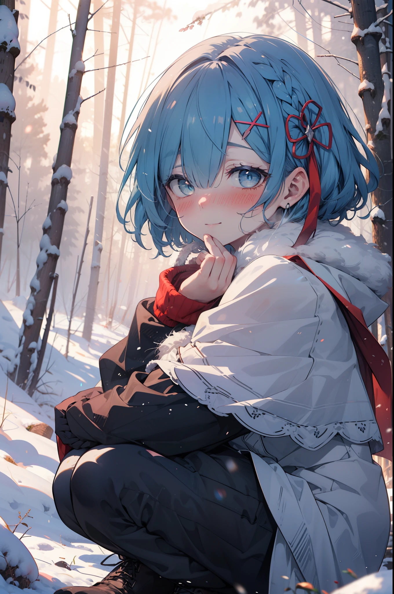 rezeroRem, Rem, blue eyes, Blue Hair, hair ornaments, Hair in one eye, Hair Ribbon, short hair, x hair ornaments,smile,blush,White Breath,
Open your mouth,snow,Ground bonfire, Outdoor, boots, snowing, From the side, wood, suitcase, Cape, Blurred, forest, White handbag, nature, Squat, Mouth closed, Cape, winter, Written boundary depth, Black shoes, red Cape break looking at viewer, Upper Body, whole body, break Outdoor, forest, nature, break (masterpiece:1.2), highest quality, High resolution, unity 8k wallpaper, (shape:0.8), (Beautiful and beautiful eyes:1.6), Highly detailed face, Perfect lighting, Extremely detailed CG, (Perfect hands, Perfect Anatomy),
