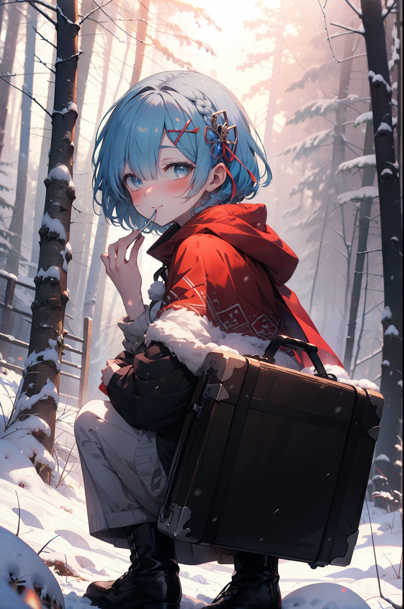 rezeroRem, Rem, blue eyes, Blue Hair, hair ornaments, Hair in one eye, Hair Ribbon, short hair, x hair ornaments,smile,blush,White Breath,
Open your mouth,snow,Ground bonfire, Outdoor, boots, snowing, From the side, wood, suitcase, Cape, Blurred, forest, White handbag, nature,  Squat, Mouth closed, Cape, winter, Written boundary depth, Black shoes, red Cape break looking at viewer, Upper Body, whole body, break Outdoor, forest, nature, break (masterpiece:1.2), highest quality, High resolution, unity 8k wallpaper, (shape:0.8), (Beautiful and beautiful eyes:1.6), Highly detailed face, Perfect lighting, Extremely detailed CG, (Perfect hands, Perfect Anatomy),