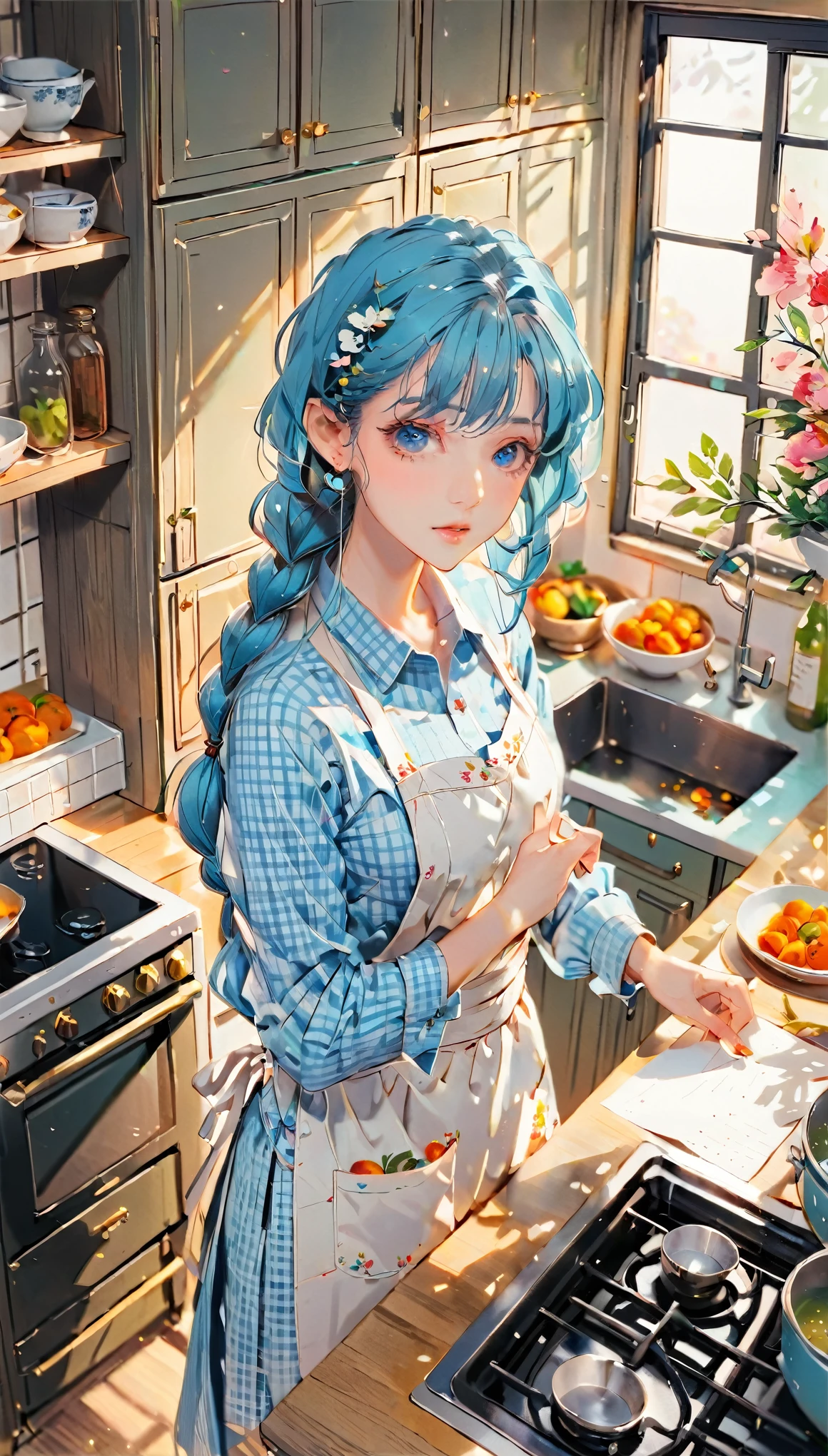 (((paper cutting style))), 1 girl, blue long medium hair, long braid, blue check shirts, apron, kitchen , portfolio from above