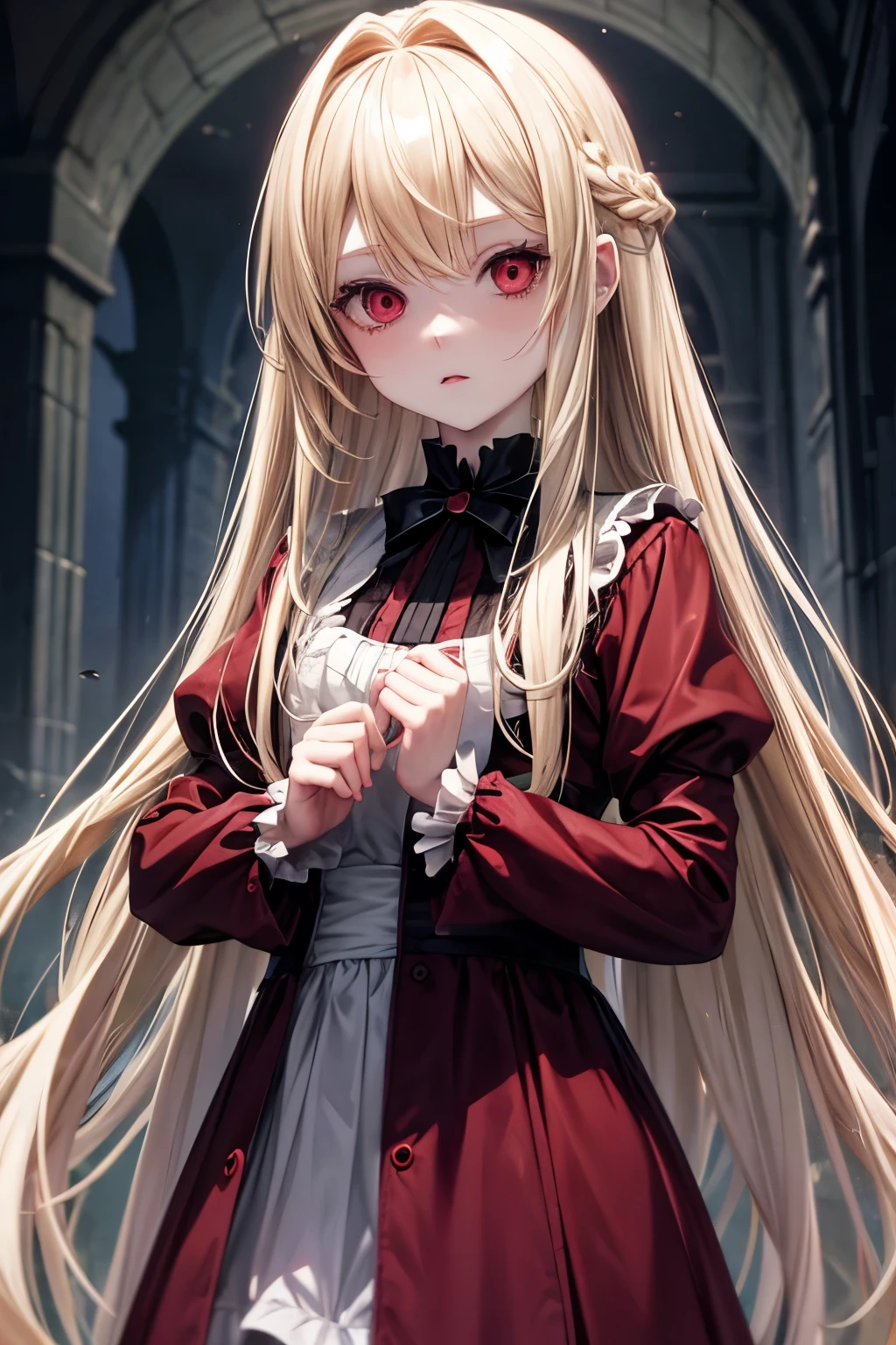 long blonde hair,red eyes,Pale skin,loli,little girl,dress,Horror backgrounds