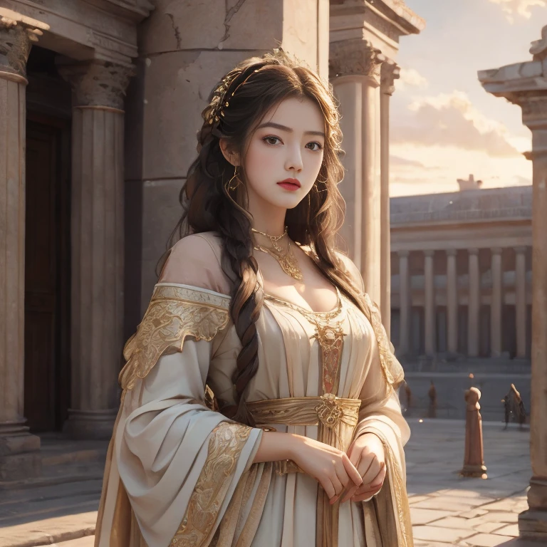  long hair, beautiful clothes, Classical style, 4K resolution, cgstation pop music, Ancient buildings, Charming girl, attractive,  Classical style, 8K, beautiful woman, woman&#39;Front.