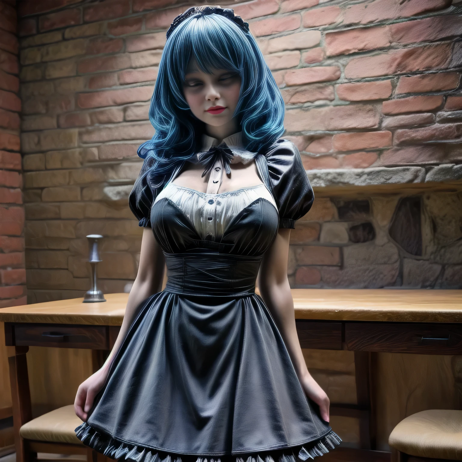 milf wearing Maid Outfit, standing, blue hair