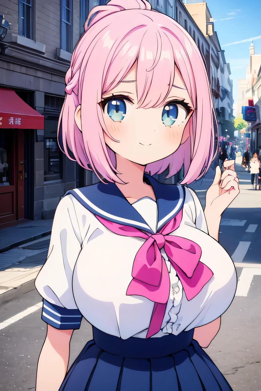 highest quality、High resolution、Detailed Background、(Beautiful face in every detail:1.4)、Anatomically correct、(Detailed facial expressions)、(Detailed eyes:1.2)、Teenage beauty、(Highly detailed face:1.4)、(Huge breasts:1.2)、Light color hair、Bobcut、ponytail、Braided long hair、well-groomed eyebrows、Perfect body line、A big smile、(Retro style street and girl:1.5)、Clean atmosphere、A picturesque scene、
Use a blouse with a sailor collar and frills、Pleated or flared skirts are recommended.、Matching accessories with frills will create a unified look.、Sailor blouses and skirts in pastel colors、Pink or Blue、The gentle colors such as lavender are cute.、Pair with white items for a clean look、cute