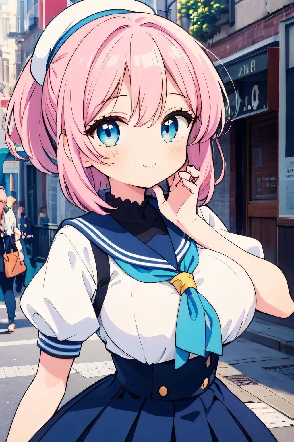 highest quality、High resolution、Detailed Background、(Beautiful face in every detail:1.4)、Anatomically correct、(Detailed facial expressions)、(Detailed eyes:1.2)、Teenage beauty、(Highly detailed face:1.4)、(Huge breasts:1.2)、Light color hair、Bobcut、ponytail、Braided long hair、well-groomed eyebrows、Perfect body line、A big smile、(Retro style street and girl:1.5)、Clean atmosphere、A picturesque scene、
Use a blouse with a sailor collar and frills、Pleated or flared skirts are recommended.、Matching accessories with frills will create a unified look.、Sailor blouses and skirts in pastel colors、Pink or Blue、The gentle colors such as lavender are cute.、Pair with white items for a clean look、cute