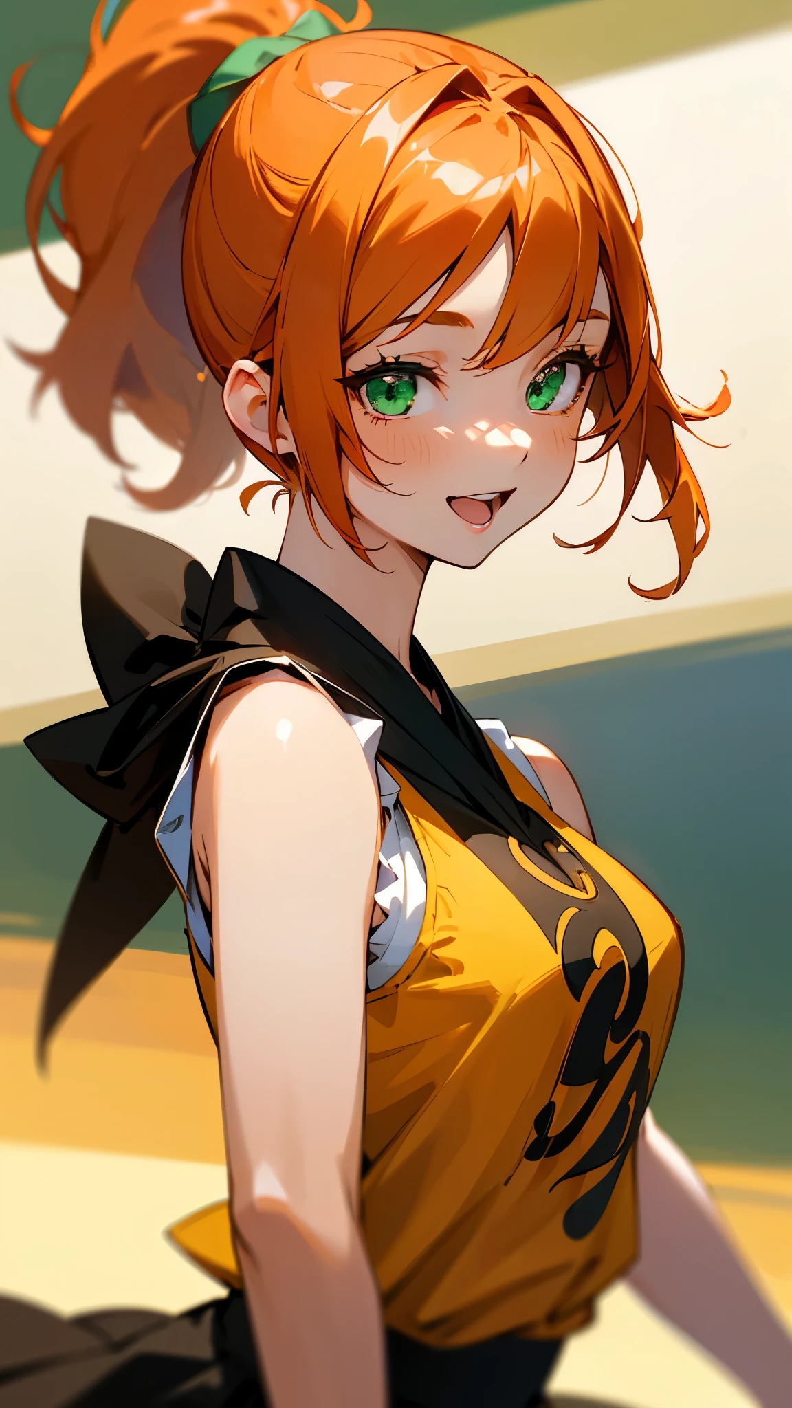 1 Girl、8k、Sharp focus、(Bokeh) (highest quality) (Detailed skin:1.3) (Intricate details) (anime)、Orange Hair、Beautiful green eyes、Side Ponytail、Sleeveless shirt、Black Skirt、Upper body close-up、From the side、smile、Open your mouth