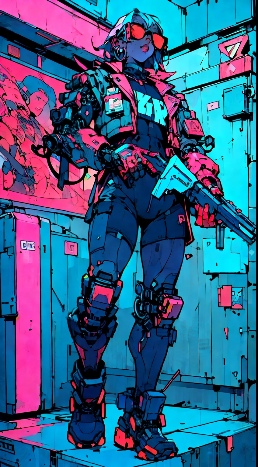 perfect proportions, anatomically correct, (head to toe: 2.0), (full body image: 2.0), solo, extremely stylized, deviant art, masterpiece, highly detailed, detailed eyes, expressive detailed eyes, detailed pupils, futuristic, ((wearing sunglasses)), ((holding a gun)), (cybernetic arms:1.4), big boots, entire body image, full body shot,  tassels, large beads, (large tassels), cyberpunk, inkpunk, paint platter, ink splatter, (action pose:1.0), ((neon punk))