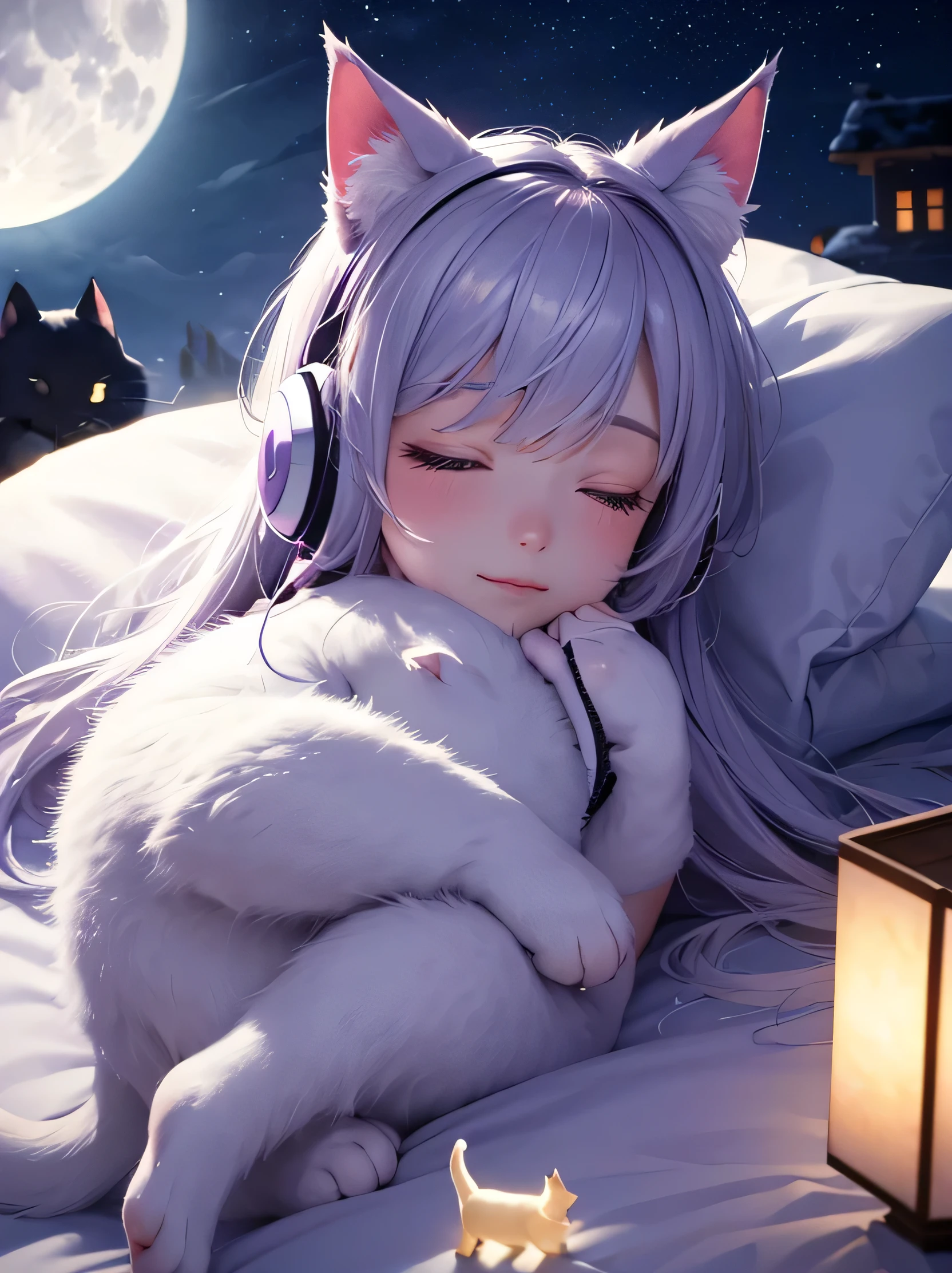 Photo-realistic image of an adorable cat wearing over-ear headphones, lying asleep on a fluffy blanket. The background features a bright full moon, casting a gentle moonlight reflection on the cat's body. The scene is peaceful and serene, evoking a sense of tranquility. The composition highlights the cat in the foreground with the luminous moon in the distance, creating a magical nighttime atmosphere.unicorn