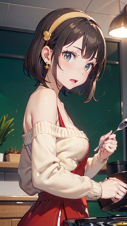 (small breasts:1.2), (perky chest:1.1), (pointed chest:1.0), (cooking magazine cover:1.3)，(from below:1.2),(from side:0.9),masterpiece, 1girl, Amazing Cleavage:1.1, thin waist, big ass, Raised sexy, small breast: 1.2, posed cleavage:1.2、solo, open mouth, have a cute grass of cute beergrass,black hair, dark green eyes, dress, bare shoulders, jewelry, collarbone, sidelocks, hairband, earrings, indoors, off shoulder, sweater, arms behind back, plant, short hair with long locks, gild hairband, sweater dress:1.2, off-shoulder sweater, red sweater, dark gord hair, big side hair, very long side hair,is rendered in (masterpiece: 1.2, best quality), with (ultra high resolution) and an exquisite (depth of field). This masterpiece is not only visually stunning but also tells,A scene of cooking in the kitchen by classroom ,looking at viewer,
