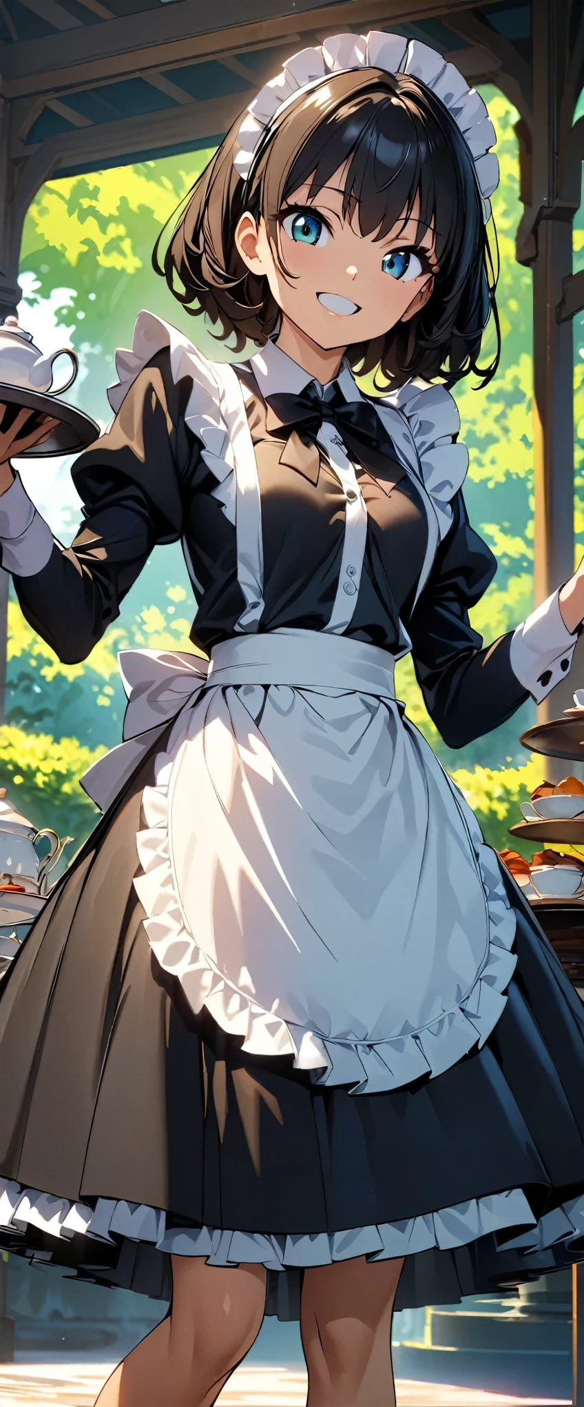 (highest quality:1.2, 4K, 8k, Studio Anime, Very detailed, up to date, Vibrant, High detail, High Contrast, masterpiece:1.2, highest quality, Best aesthetics), (((1 girl))), Tea set on a tray, Maid, Maid服, Black Ribbon, Frills, serve:1.2, smile, Beautiful eyes, Hold the tray, Get closer, Gazebo, Fresh green background, Friendly atmosphere, Fun and young々Shii々Cool vibe, Precision and focus, Striking contrast,