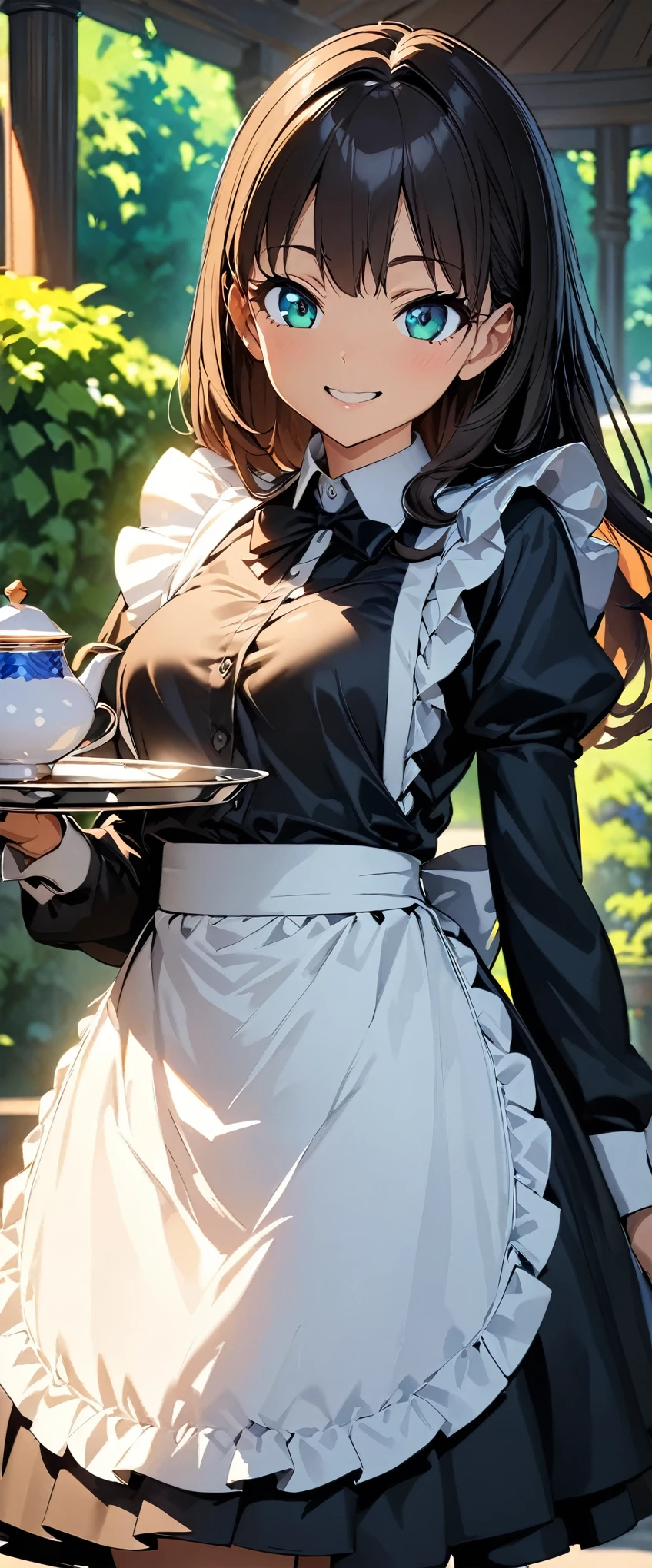 (highest quality:1.2, 4K, 8k, Studio Anime, Very detailed, up to date, Vibrant, High detail, High Contrast, masterpiece:1.2, highest quality, Best aesthetics), (((1 girl))), Tea set on a tray, Maid, Maid服, Black Ribbon, Frills, serve:1.2, smile, Beautiful eyes, Hold the tray, Get closer, Gazebo, Fresh green background, Friendly atmosphere, Fun and young々Shii々Cool vibe, Precision and focus, Striking contrast,