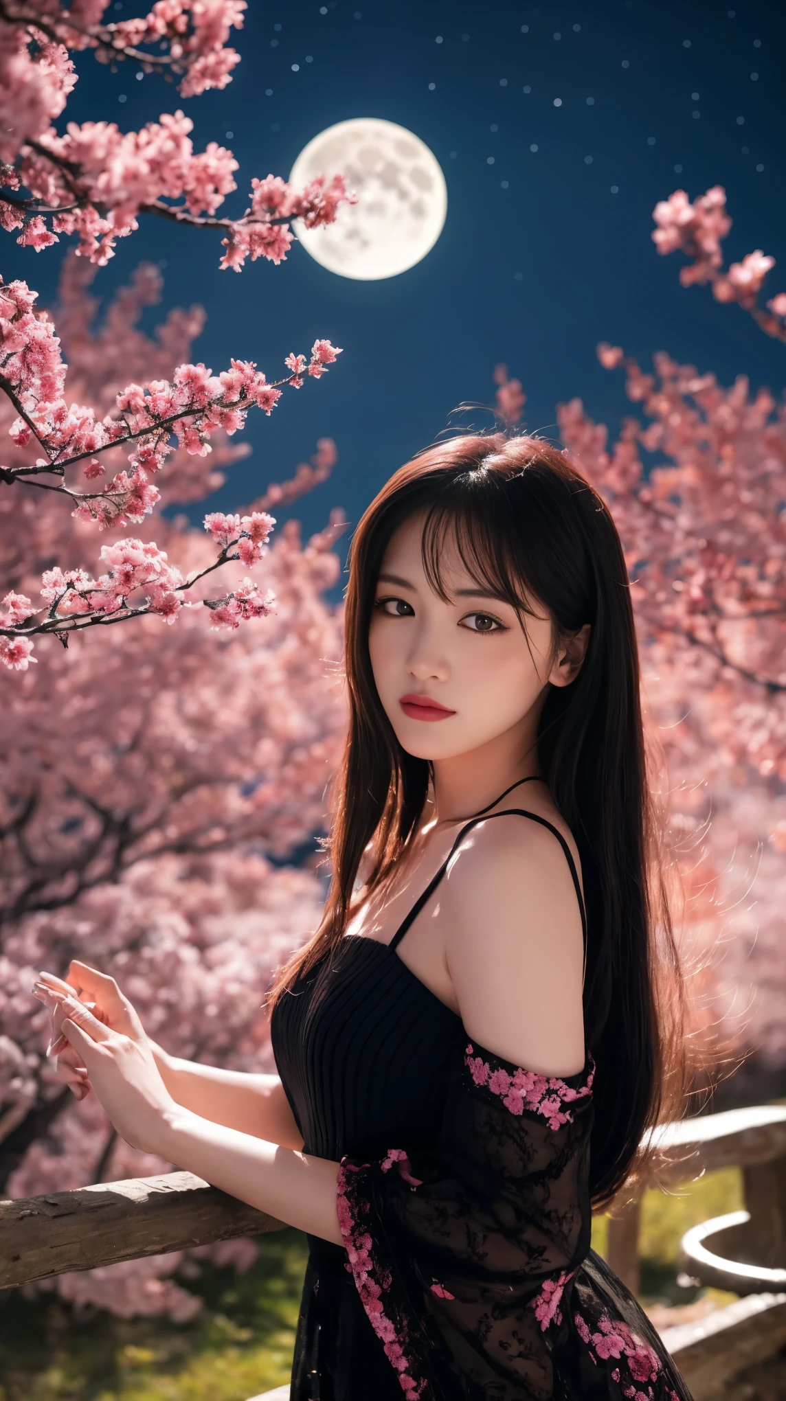 masterpiece, 最high quality, night, Mountain, full moon, Long black hair, woman, fire Fly, performer, Mysterious cherry tree, Pink leaves, high quality, Beautiful graphics, High detail