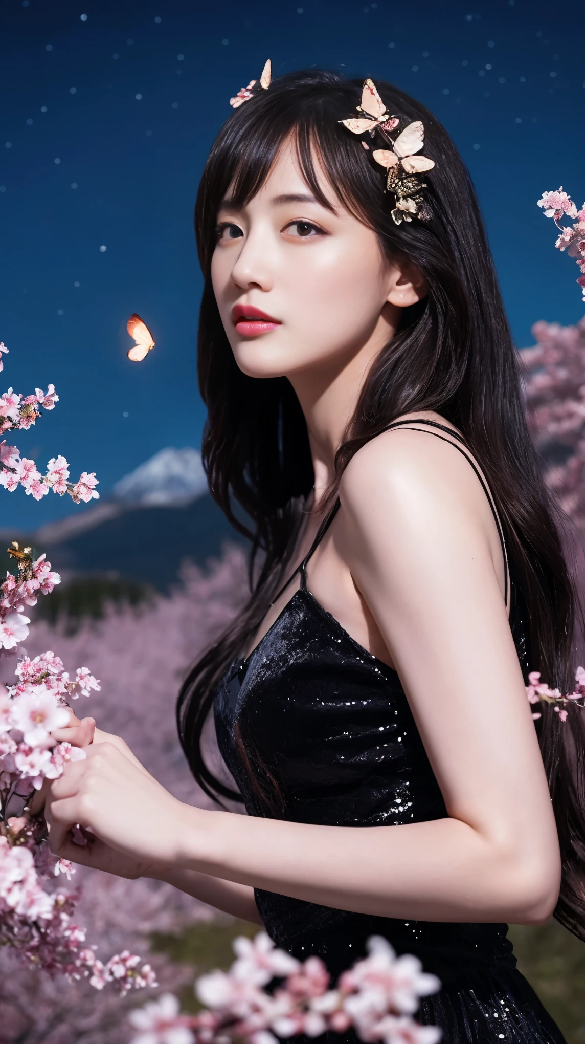 masterpiece, 最high quality, night, Mountain, full moon, Long black hair, woman, fire Fly, performer, Mysterious cherry tree, Pink leaves, high quality, Beautiful graphics, High detail