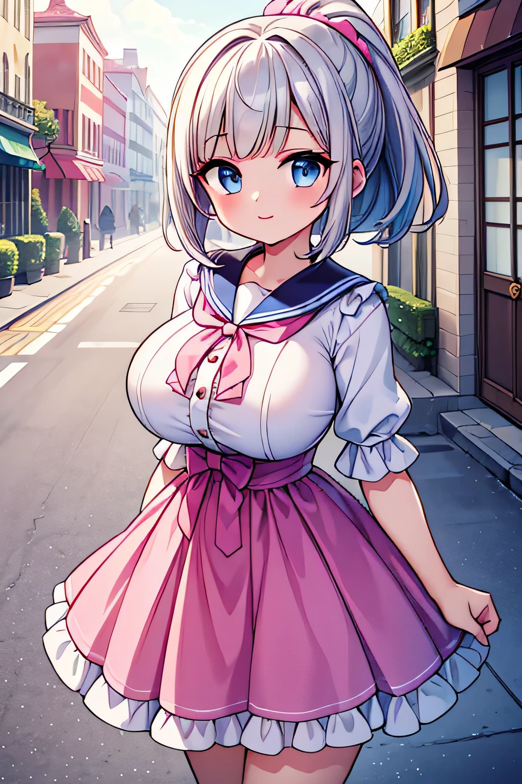 highest quality、High resolution、Detailed Background、(Beautiful face in every detail:1.4)、Anatomically correct、(Detailed facial expressions)、(Detailed eyes:1.2)、Teenage beauty、(Highly detailed face:1.4)、(Huge breasts:1.2)、Light color hair、Bobcut、ponytail、Braided long hair、well-groomed eyebrows、Perfect body line、A big smile、(Retro style street and girl:1.5)、Clean atmosphere、A picturesque scene、
Use a blouse with a sailor collar and frills、Pleated or flared skirts are recommended.、Matching accessories with frills will create a unified look.、Sailor blouses and skirts in pastel colors、Pink or Blue、The gentle colors such as lavender are cute.、Pair with white items for a clean look、cute