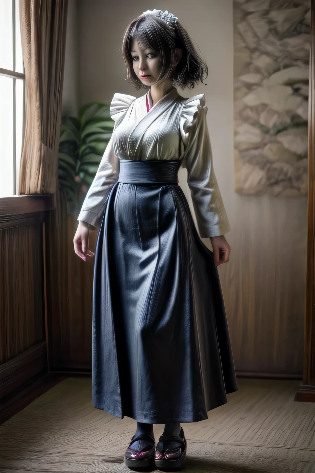japanese milf wearing long sleeve long skirt Maid Outfit, standing, full body shot