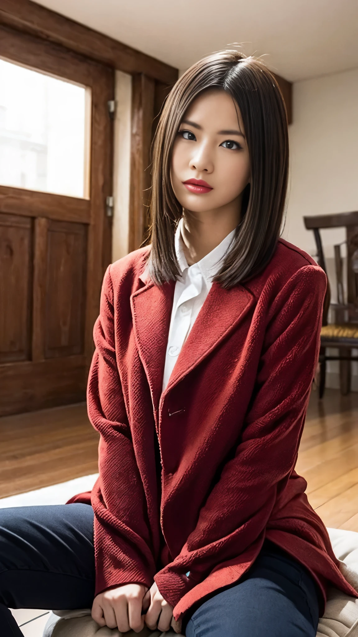 Wearing a red coat、Woman sitting on a chair with a dragon, ArtStation Popular on Pixiv, Detailed anime artwork, Detailed digital anime art, Complex and gorgeous anime CGI style, Guvez on pixiv art station, Guvez on pixiv, Anime fantasy illustration, Detailed anime art, clean Detailed anime art, Detailed Key Anime Art, Red lips micro opening, nude