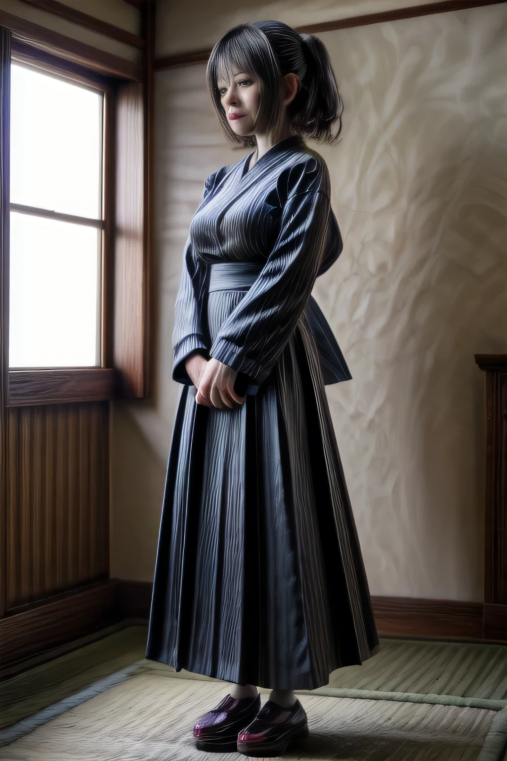 japanese milf wearing long sleeve long skirt Maid Outfit, standing, full body shot