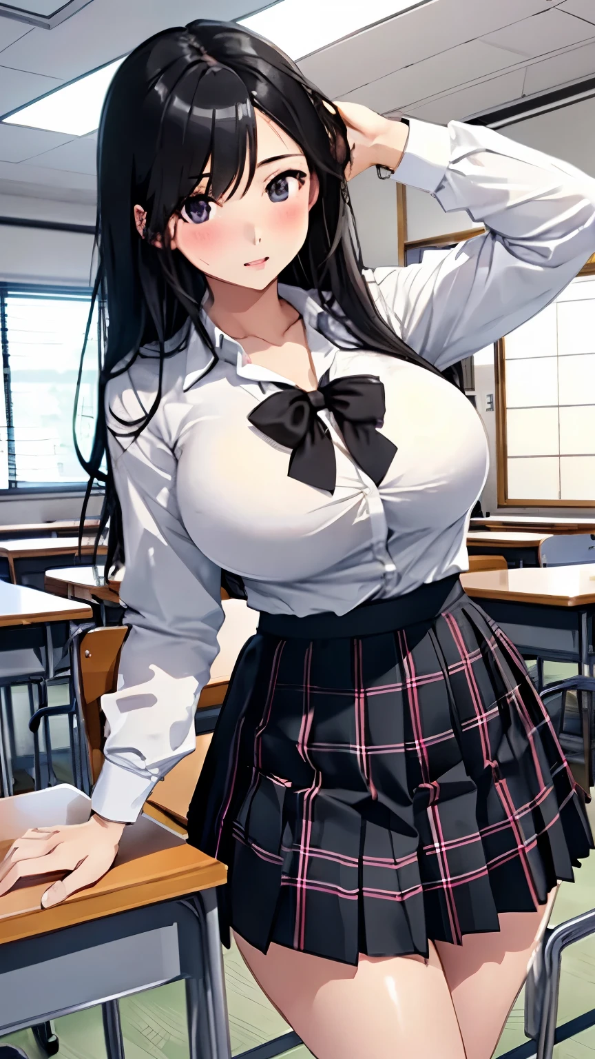 high school girl、beautiful girl、Black Hair、Big breasted body type、Neat 、White shirt、Checkered pleated skirt、Flushed Cheeks、Glossy lips、Sigh、Functional、Immoral、Japanese high school classroom、Skirt flip