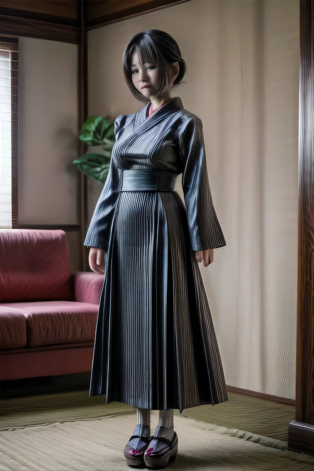 japanese milf wearing long sleeve long skirt Maid Outfit, standing, full body shot