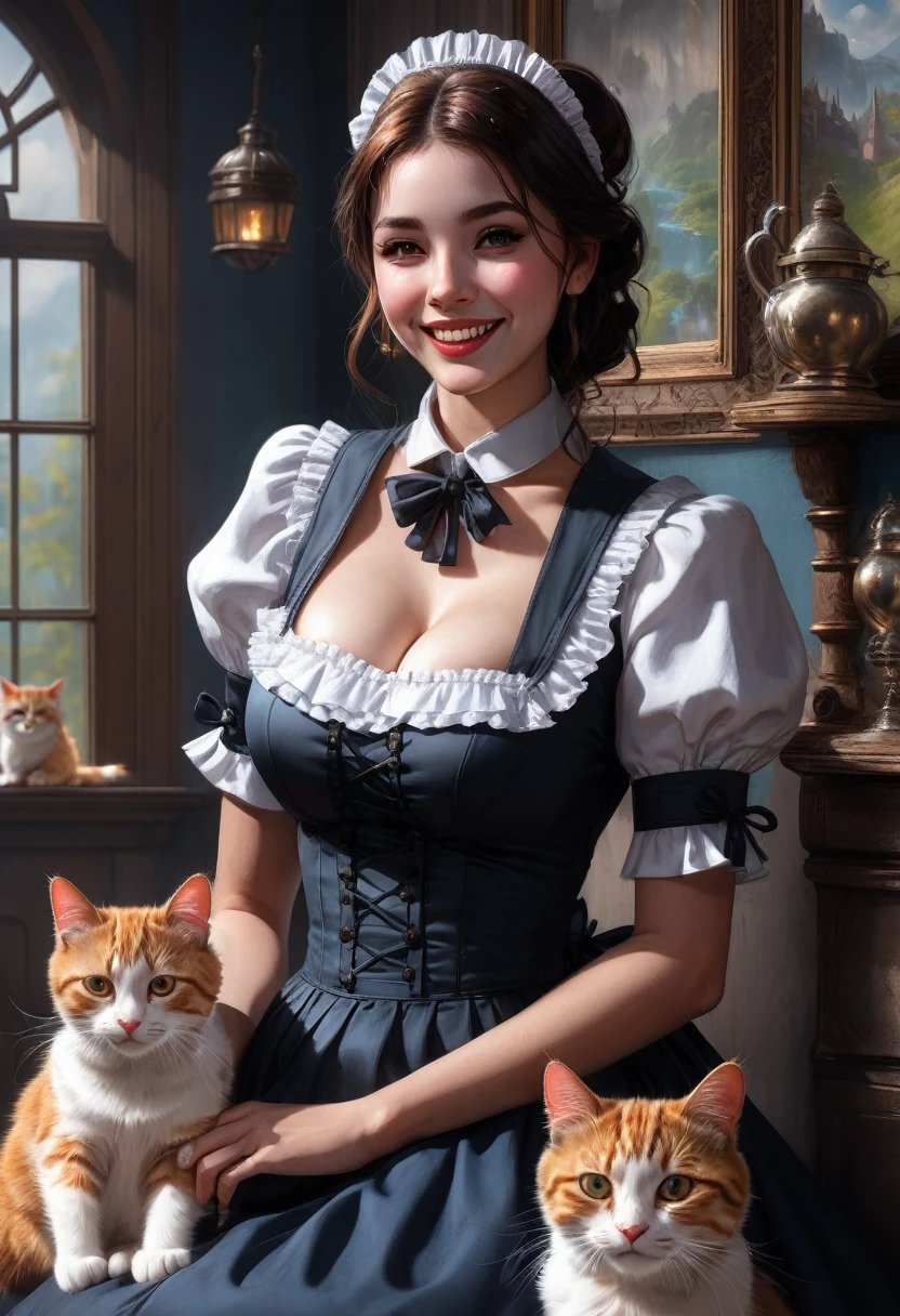 Maid Outfit, A sweet curvy girl in a maid outfit laughing with her kitties, detailed matte painting, deep color, fantastical, intricate detail, splash screen, complementary colors, fantasy concept art, 8k resolution trending on Artstation Unreal Engine 5