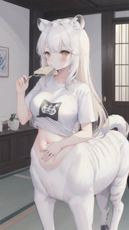 (best quality, masterpiece), 1 girl, centaur, It takes, Eating rice ,belly button t-shirt, 아름다운 소녀 perfect white tiger photo, perfect white tiger photo