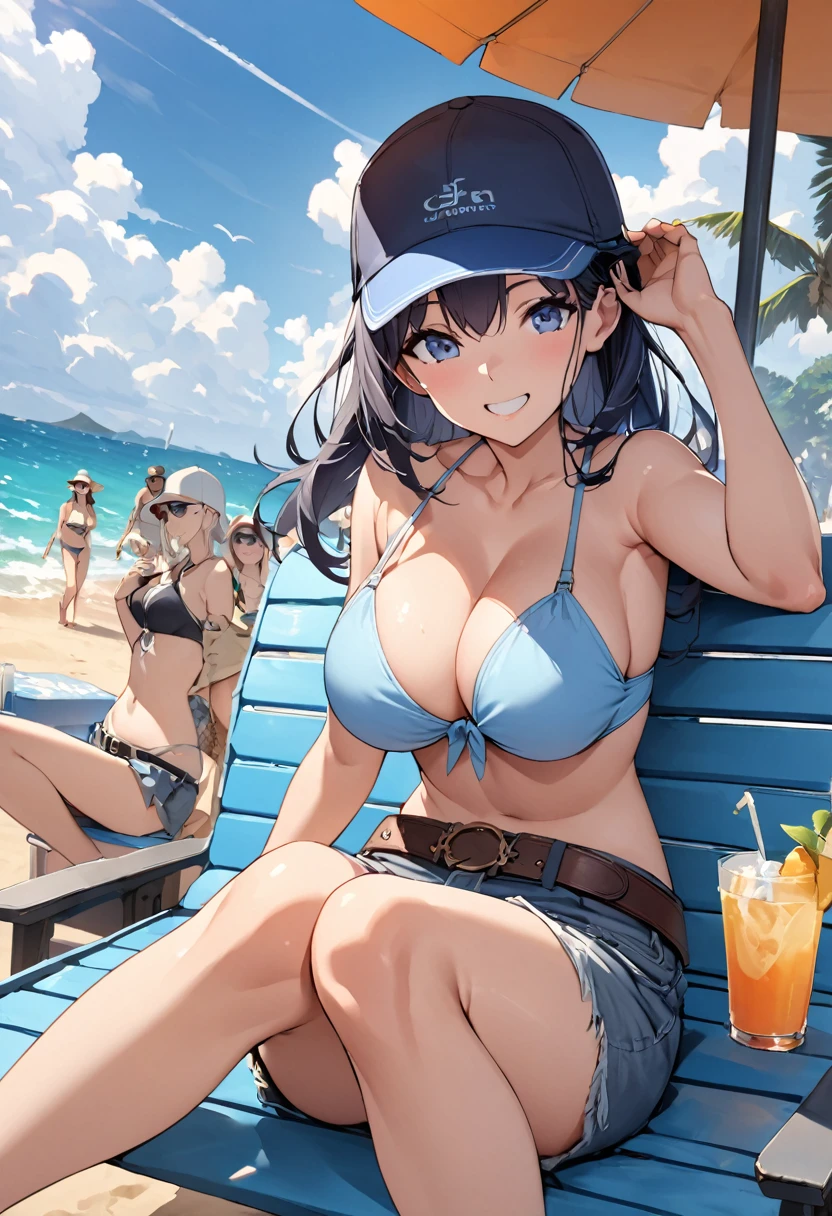 "Relaxed young woman smiling、Enjoying the sunny beach atmosphere。,Sitting on a blue bench、Drink in hand. She is wearing a blue bikini top and loose jeans with the belt removed.,Convey a laid-back atmosphere. In her head「C」A baseball cap with the word &quot;,Enjoying the warmth of the sun and the gentle breeze. The surrounding area is crowded with other tourists and beach umbrellas.,Capturing the essence of a laid-back day at the beach.",Large Breasts,