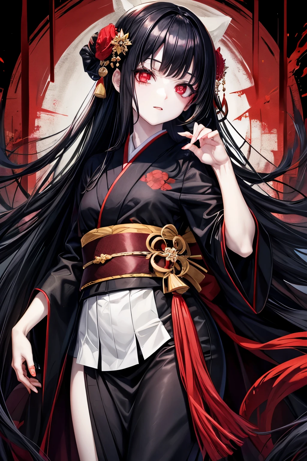 Long black hair, red eyes, pale skin, royal sister, kimono, horror background