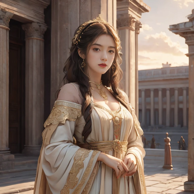 long hair, beautiful clothes, Classical style, 4K resolution, cgstation pop music, Ancient buildings, Charming girl, attractive, Classical style, 8K, beautiful woman, woman'Front.