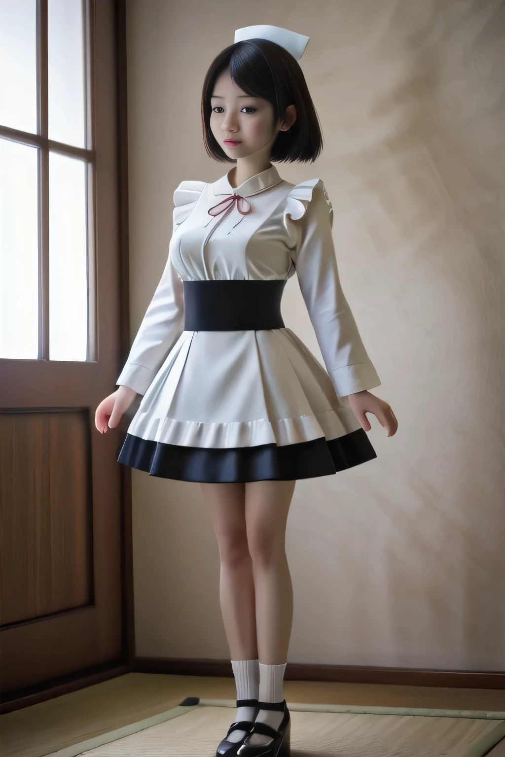 japanese milf wearing long sleeve middle skirt Maid Outfit, standing, full body shot