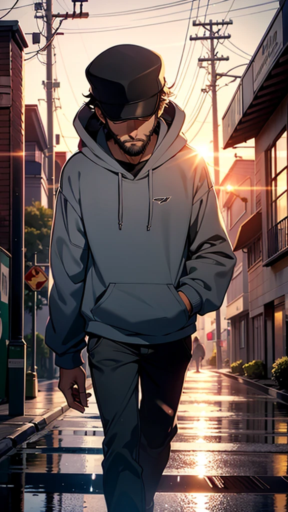 A heartbroken man walks down the sidewalk in the morning rain, wearing baseball hat, short beard, Wearing hoodie,hold cigarates in his hand, Headlights illuminating at the nihgt the roadway shine on him, casting a large shadow on the wall of a building. (Best quality), (masterpiece:1.3), ultra-detailed, sharp shadows, great detail, depth of field, super detailed background, out-of-focus look