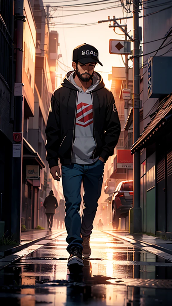 A heartbroken man walks down the sidewalk in the morning rain, wearing baseball hat, short beard, Wearing hoodie,hold cigarates in his hand, Headlights illuminating at the nihgt the roadway shine on him, casting a large shadow on the wall of a building. (Best quality), (masterpiece:1.3), ultra-detailed, sharp shadows, great detail, depth of field, super detailed background, out-of-focus look