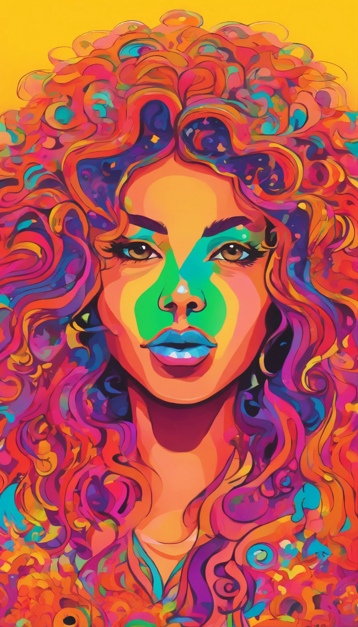 A girl in her twenties with tanned skin and curly hair, Wear colorful clothes, Eyes are empty, On a rainbow background. The girl has a nose piercing on her face. Images are of high quality, Ultra-detailed features and photorealistic style. The colors are vivid、Lighting is professionally done,.