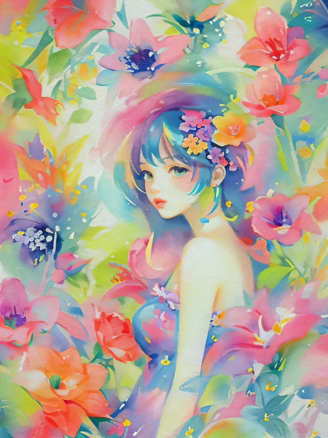 Mai Yoneyama style、(((stylish fashion))), 8K Quality、Intense watercolor, Detailed watercolor art, Watercolor splash, Surreal, avant-garde pop art, Beautiful and expressive paintings, Beautiful artwork illustration, Very colorful tones, wonderful, Cool beauty, highest quality、Official Art, Vector art, Stylish design, (((The most beautiful girl))), (((highest quality))), HDR, ((detailed)), (((Doodle Art)), ((masterpiece)), ((Super detailed)), (((Colorful flowers))),(((Stylish))), Lips in Love