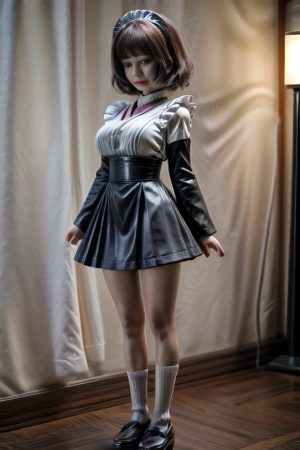 japanese milf wearing long sleeve mini skirt Maid Outfit, standing, full body shot